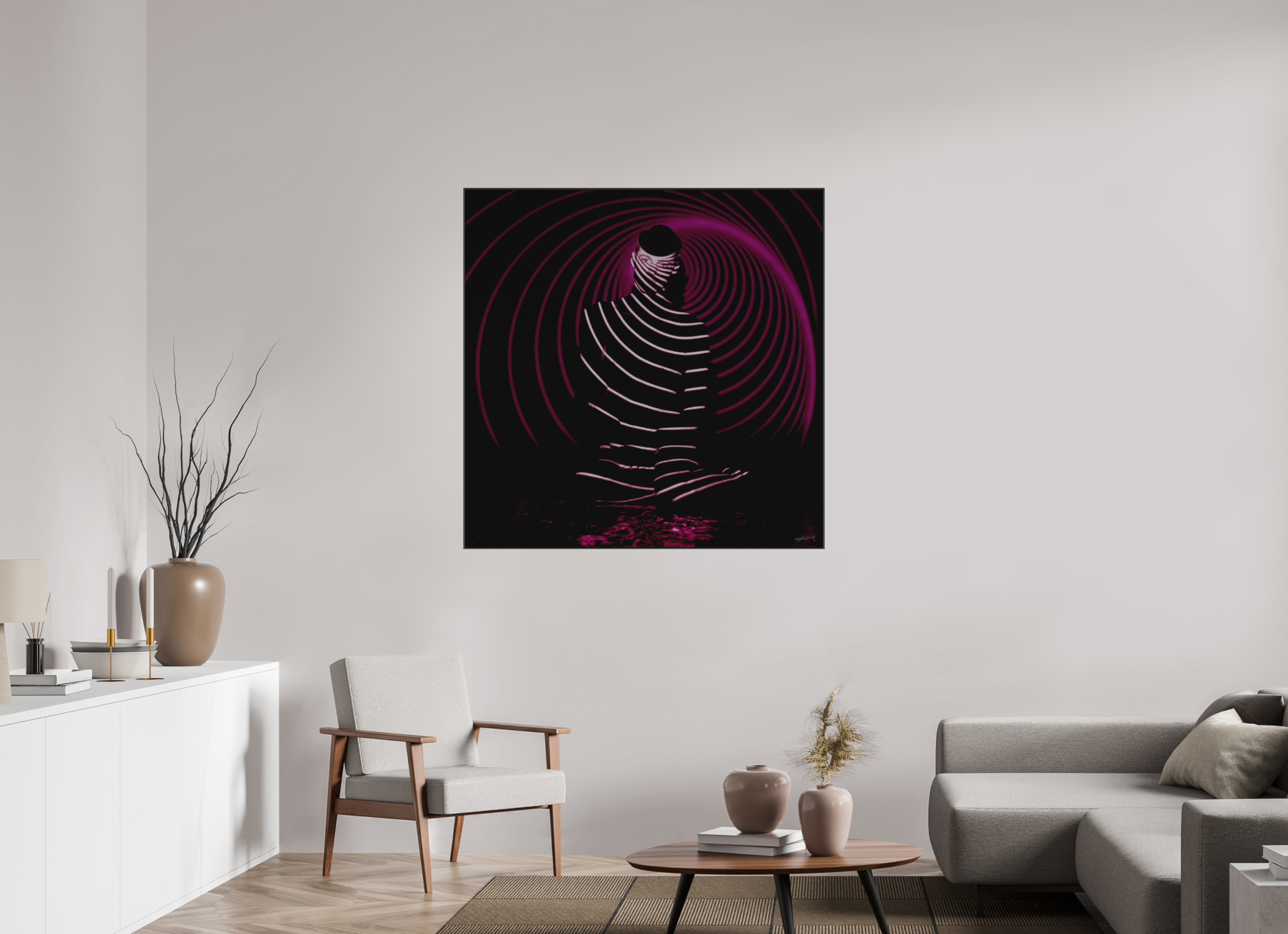 45 x 45″, 2" Black Alum ArtBox Frame on Silver Brush Aluminum 2.6 Double Exposure Photograph