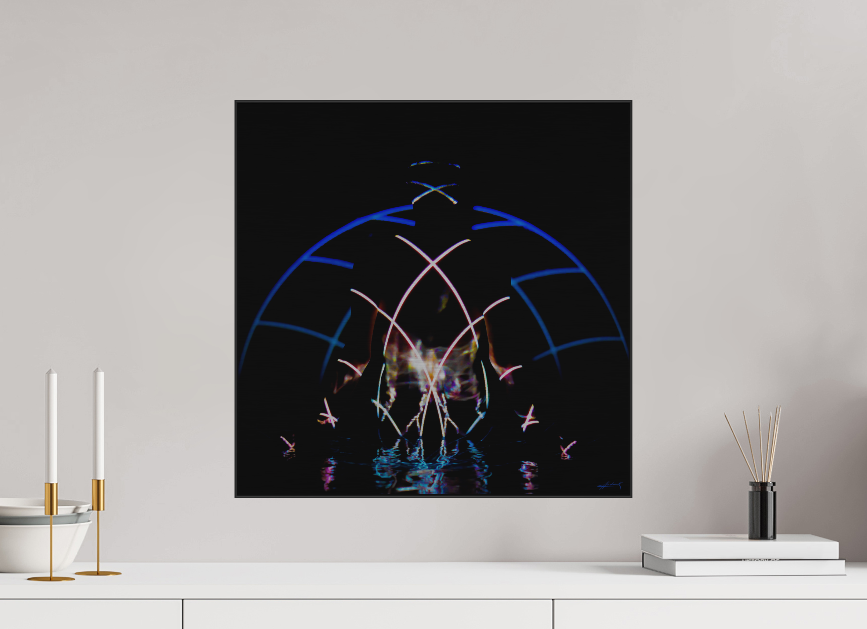 20 x 20″, 0.39" Black Alum ArtBox Frame on Silver Brush Aluminum 2.3 Double Exposure Photograph copy