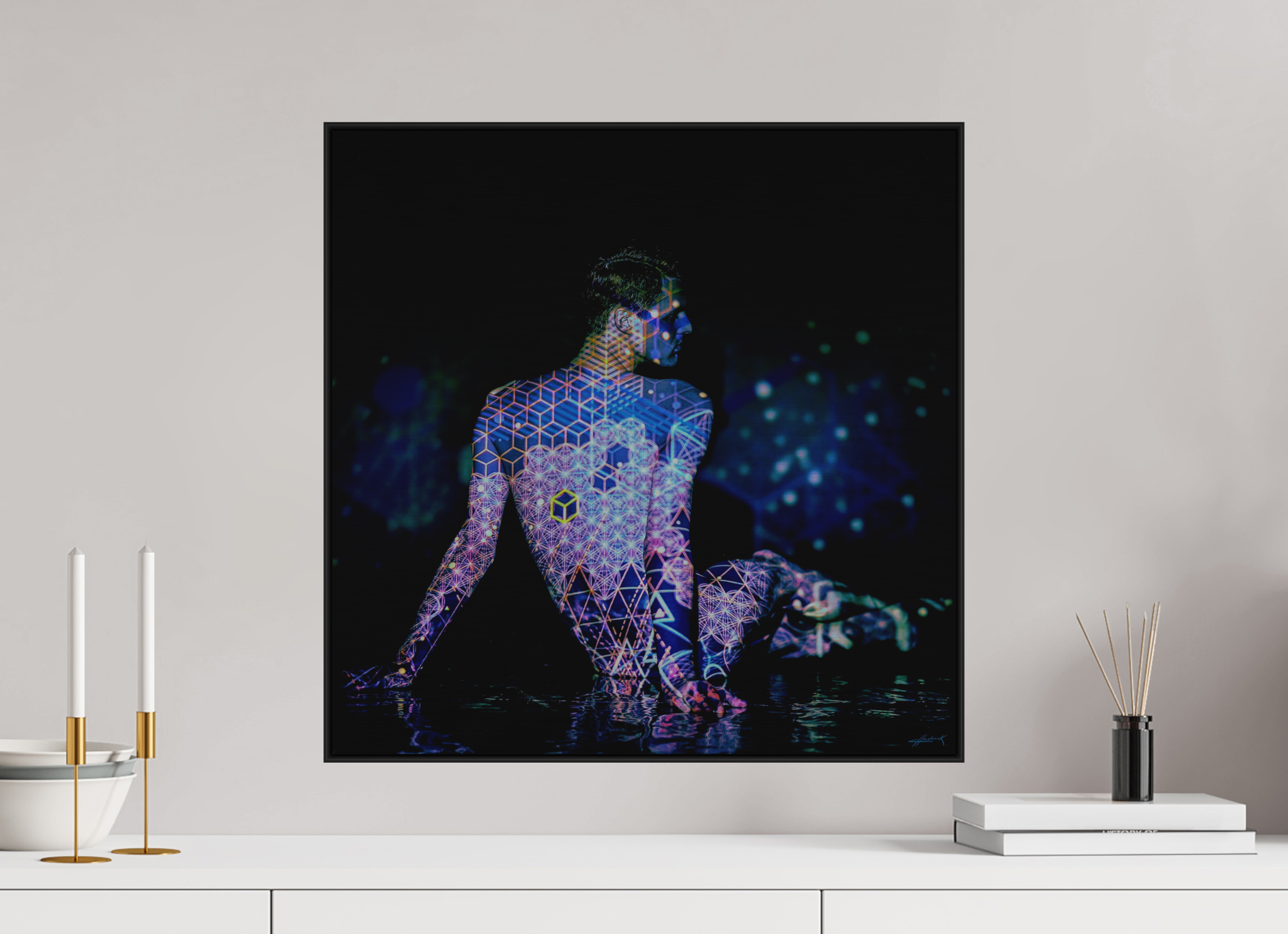 20 x 20″, 3" Black Alum ArtBox Frame on Silver Brush Aluminum 2.5 Double Exposure Photograph