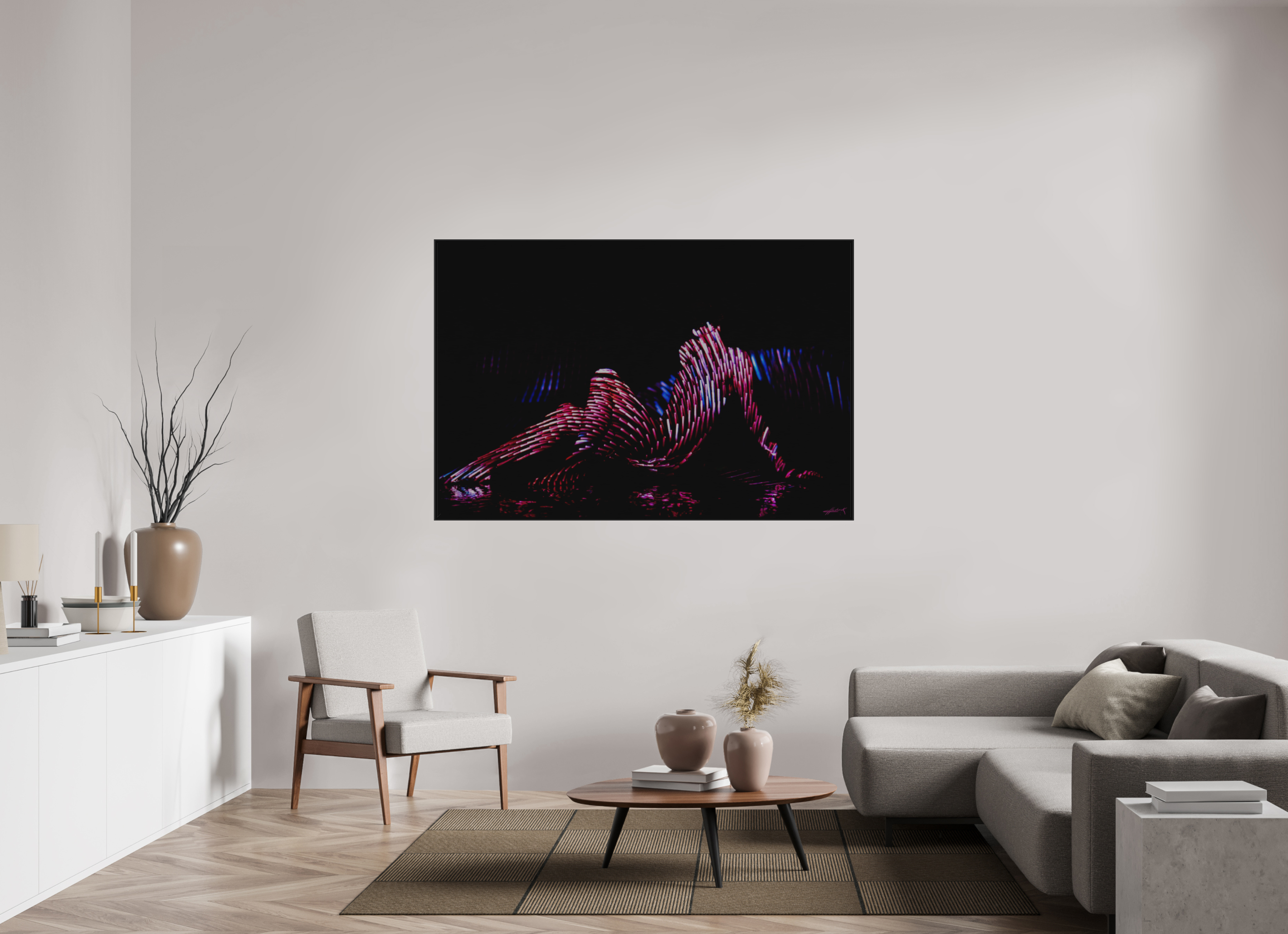 66 x 44″, 3" Black Alum ArtBox Frame on Silver Brush Aluminum 2.8 Double Exposure Photograph