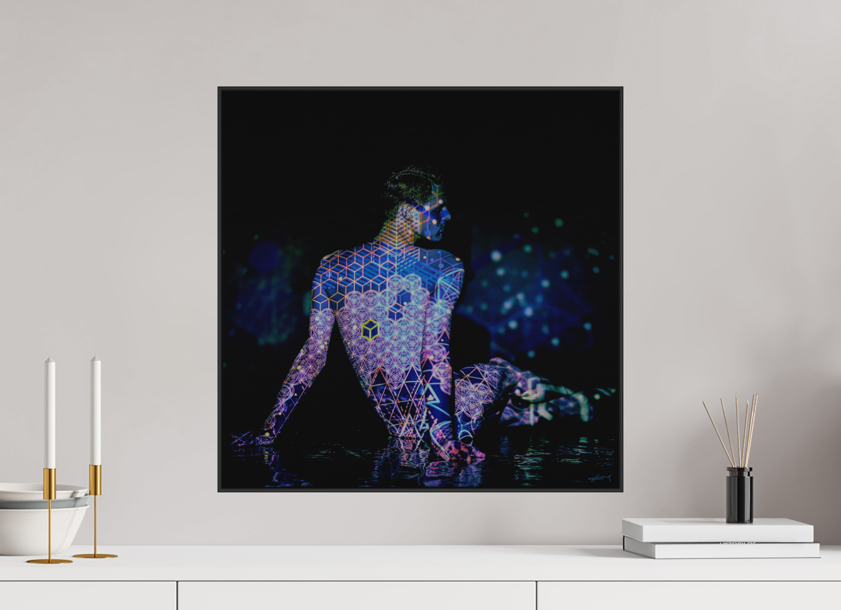 20 x 20″, 2" Black Alum ArtBox Frame on Silver Brush Aluminum 2.5 Double Exposure Photograph