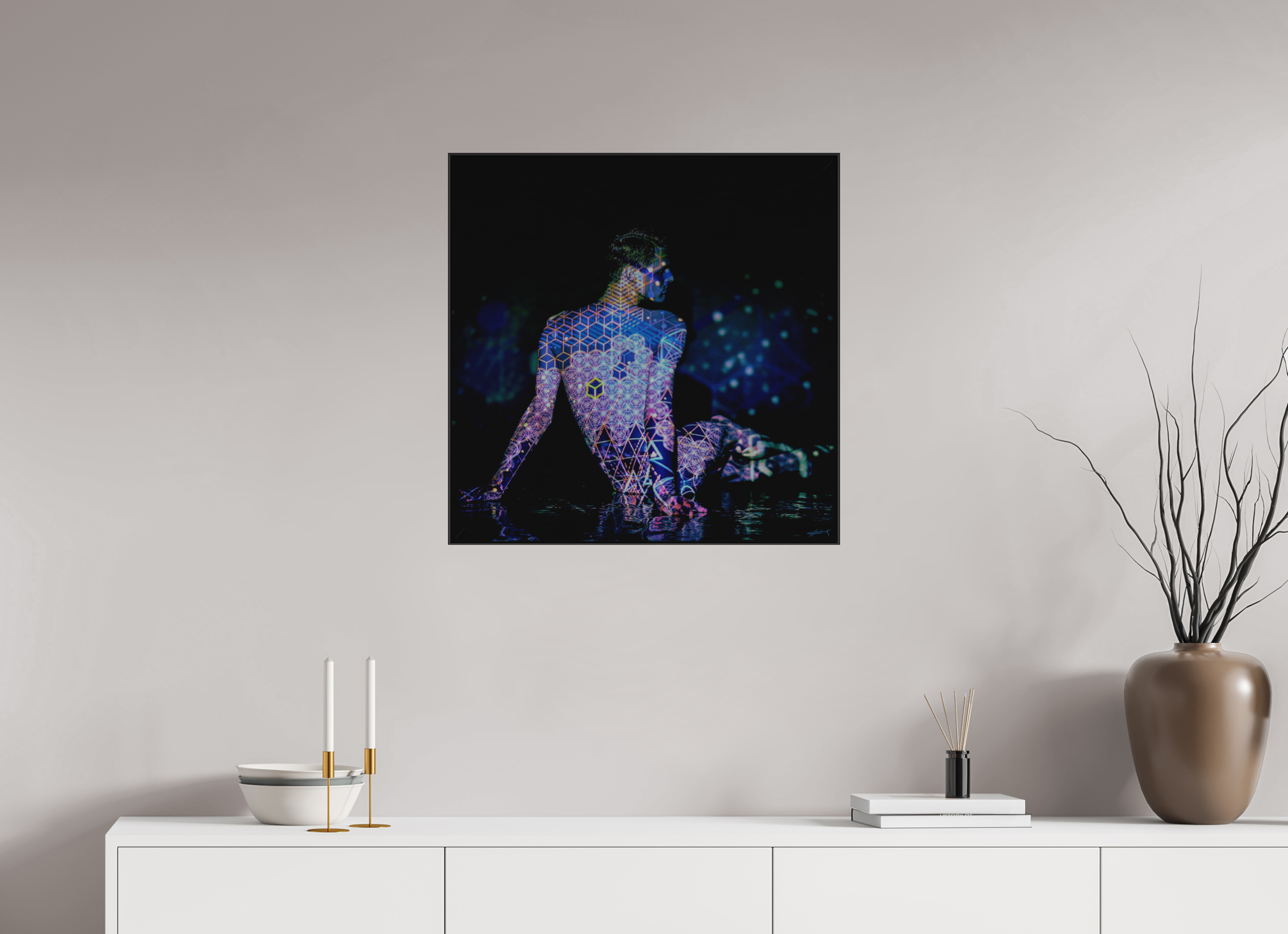 25 x 25″, 3" Black Alum ArtBox Frame on Silver Brush Aluminum 2.5 Double Exposure Photograph