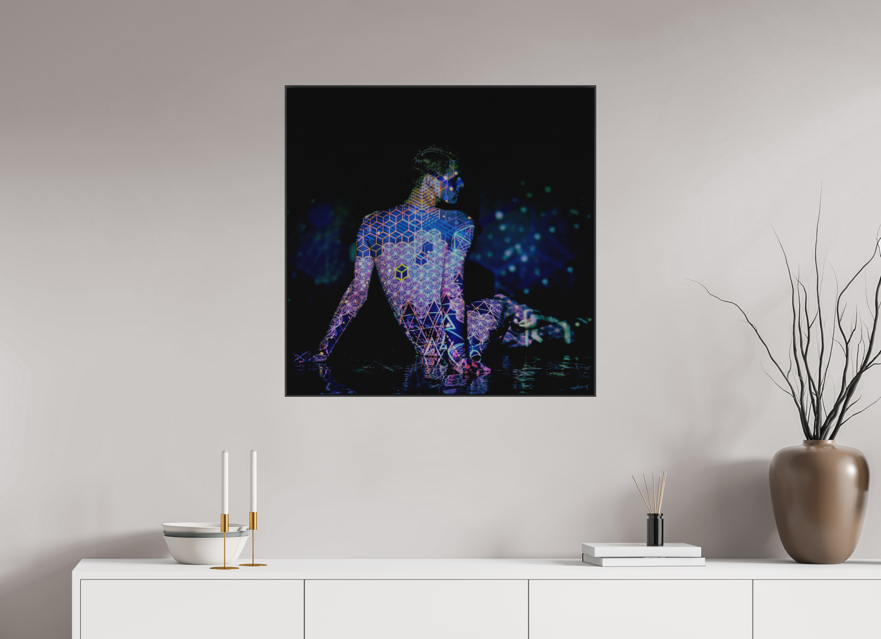 30 x 30″, 1" Black Alum ArtBox Frame on Silver Brush Aluminum 2.5 Double Exposure Photograph