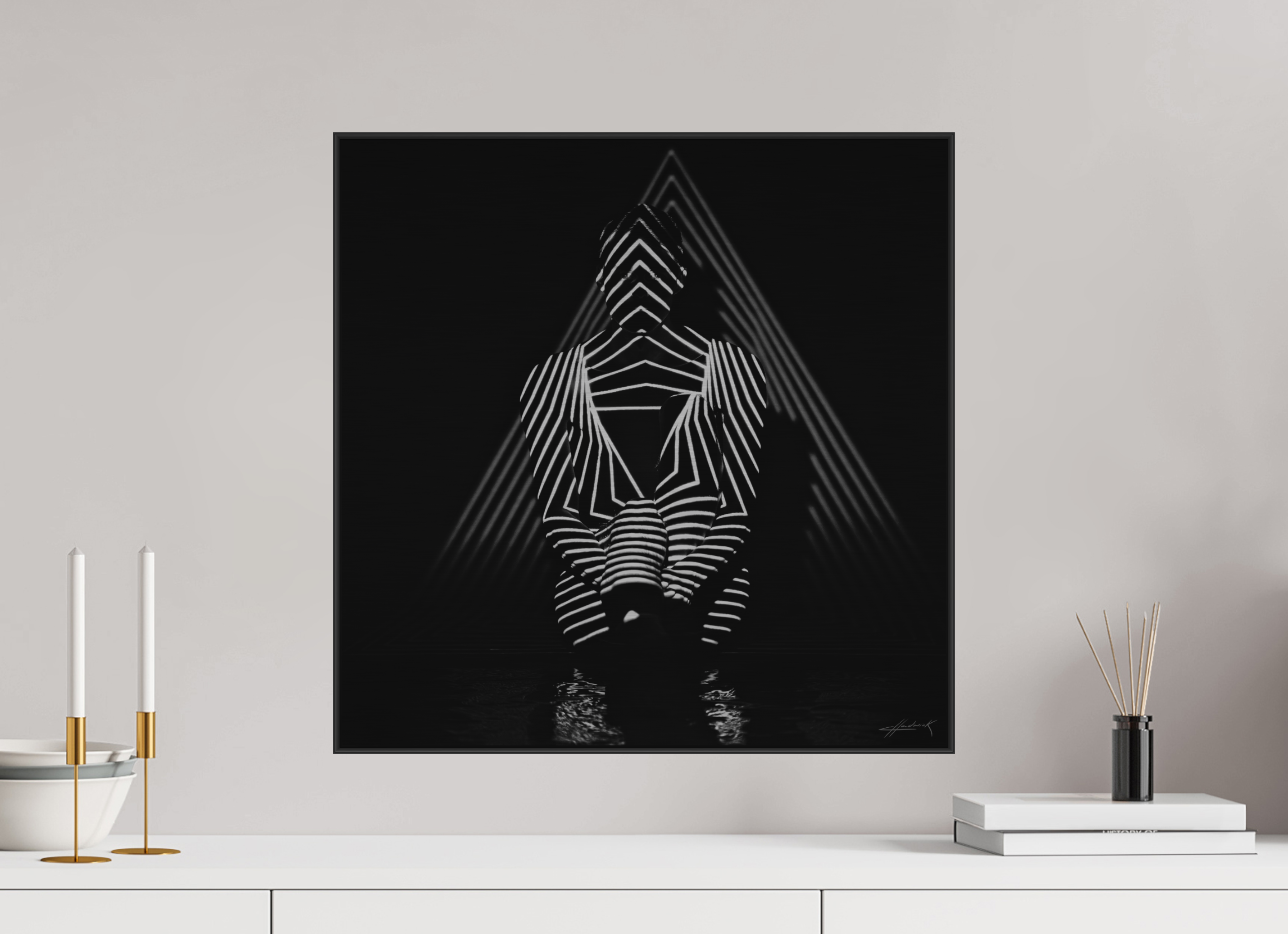 20 x 20″, 2" Black Alum ArtBox Frame on Silver Brush Aluminum 2.9 Double Exposure Photograph