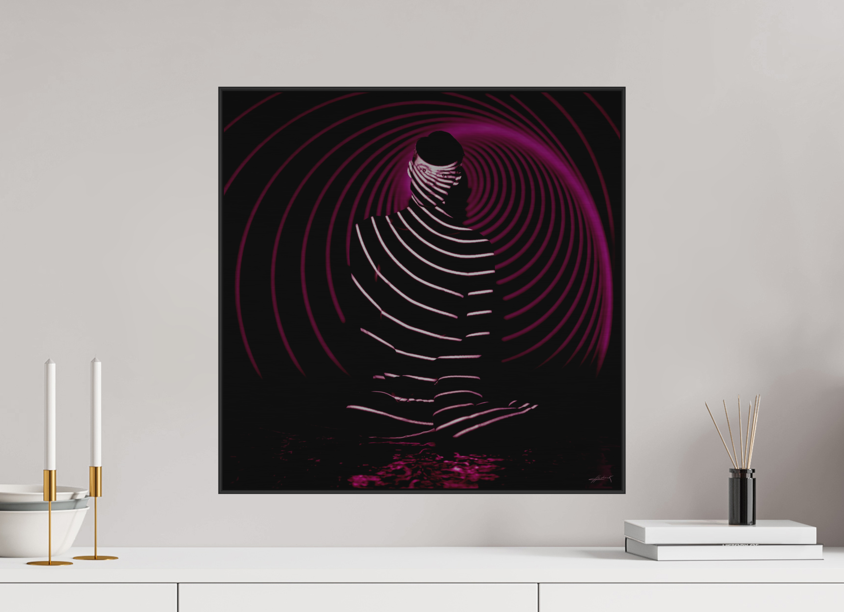 20 x 20″, 2" Black Alum ArtBox Frame on Silver Brush Aluminum 2.6 Double Exposure Photograph