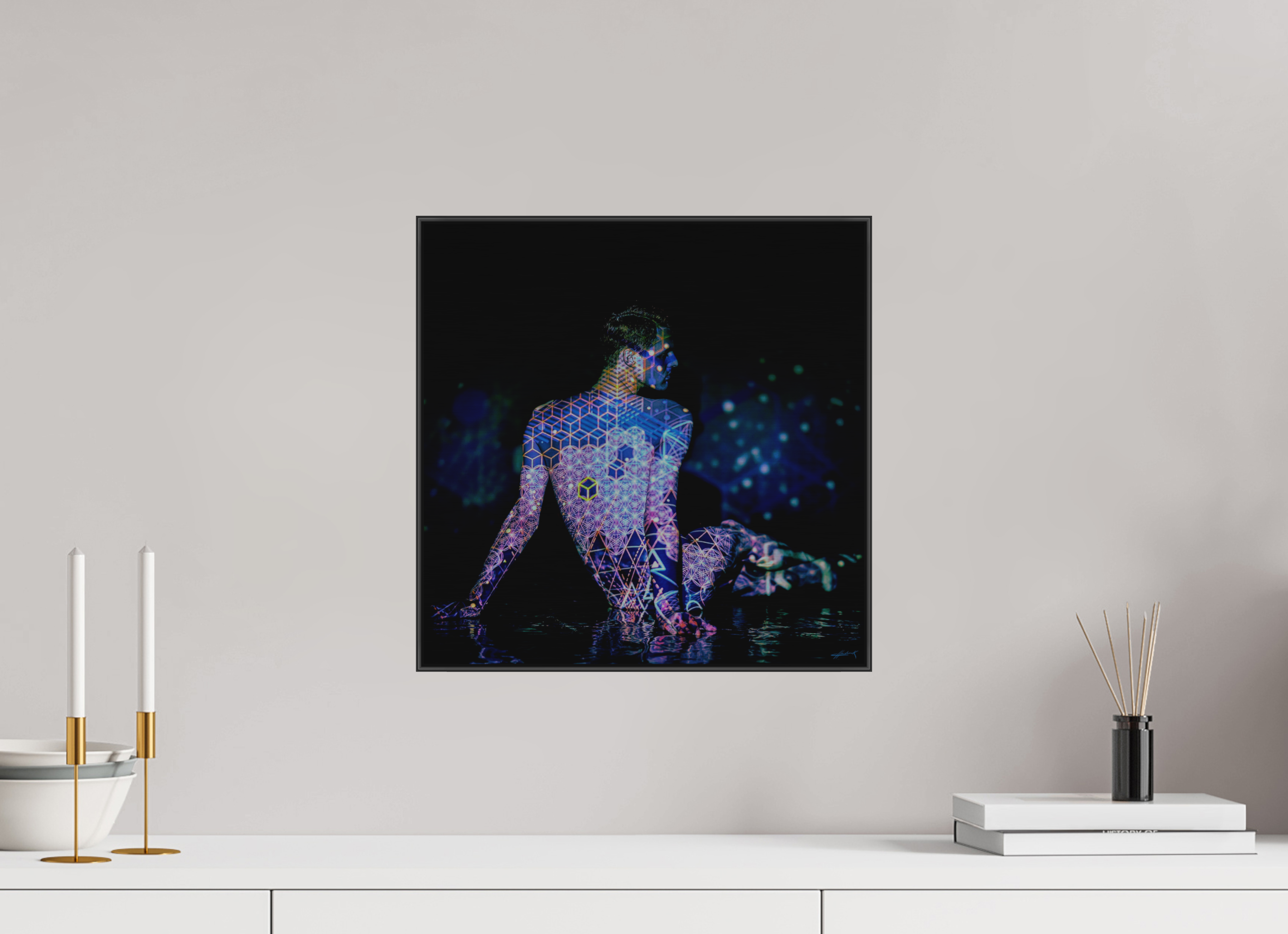 15 x 15″, 1" Black Alum ArtBox Frame on Silver Brush Aluminum 2.5 Double Exposure Photograph