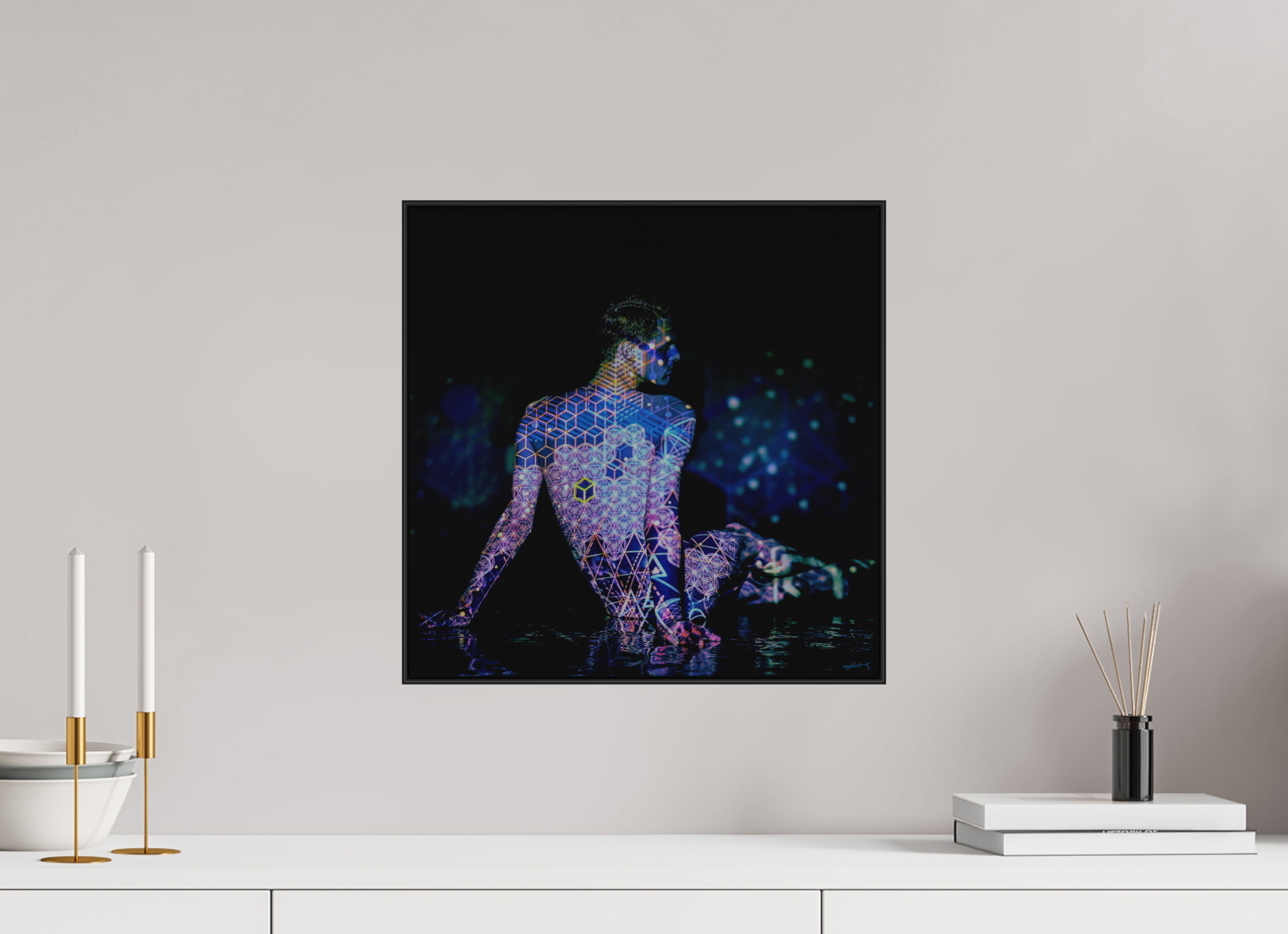 15 x 15″, 3" Black Alum ArtBox Frame on Silver Brush Aluminum 2.5 Double Exposure Photograph