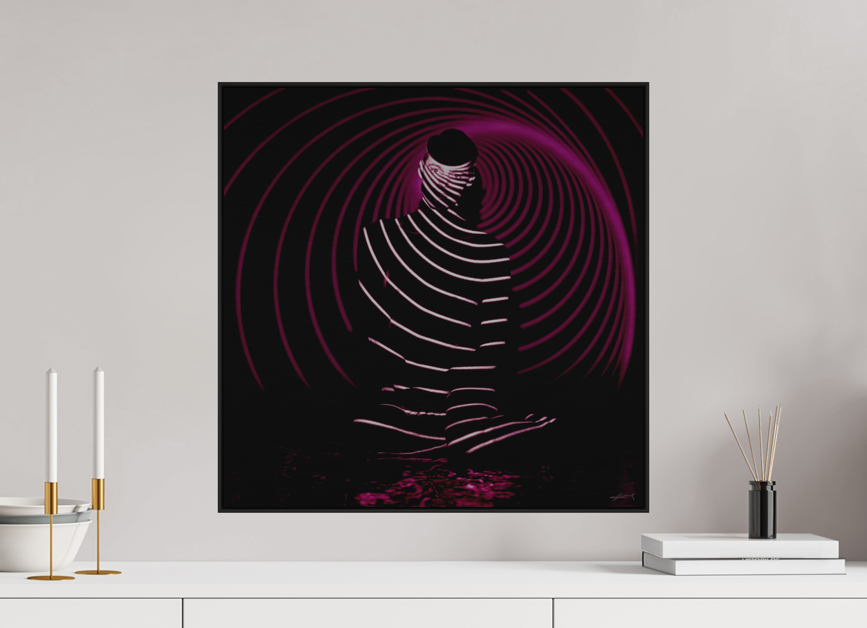 20 x 20″, 3" Black Alum ArtBox Frame on Silver Brush Aluminum 2.6 Double Exposure Photograph