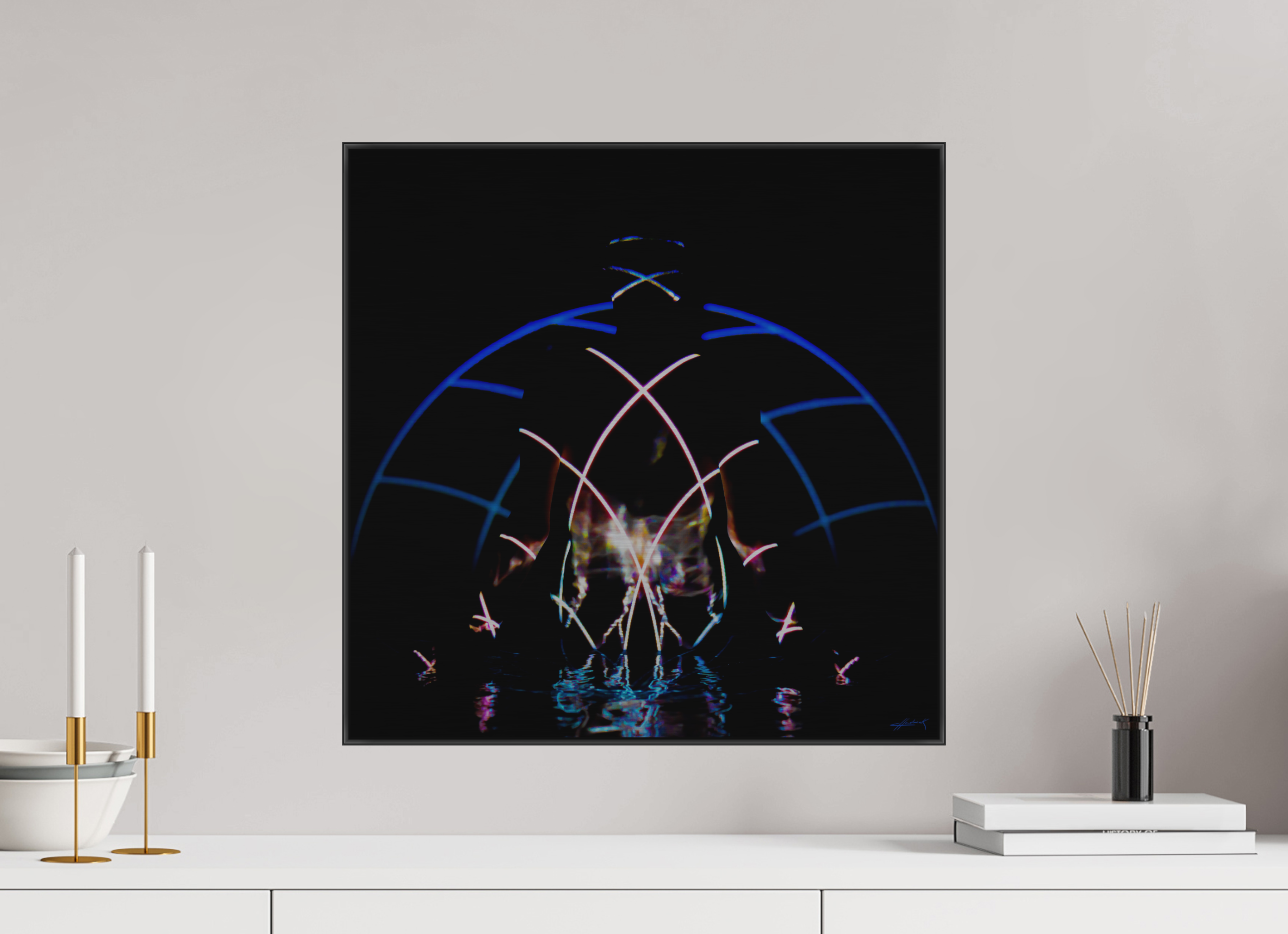 20 x 20″, 1" Black Alum ArtBox Frame on Silver Brush Aluminum 2.3 Double Exposure Photograph copy