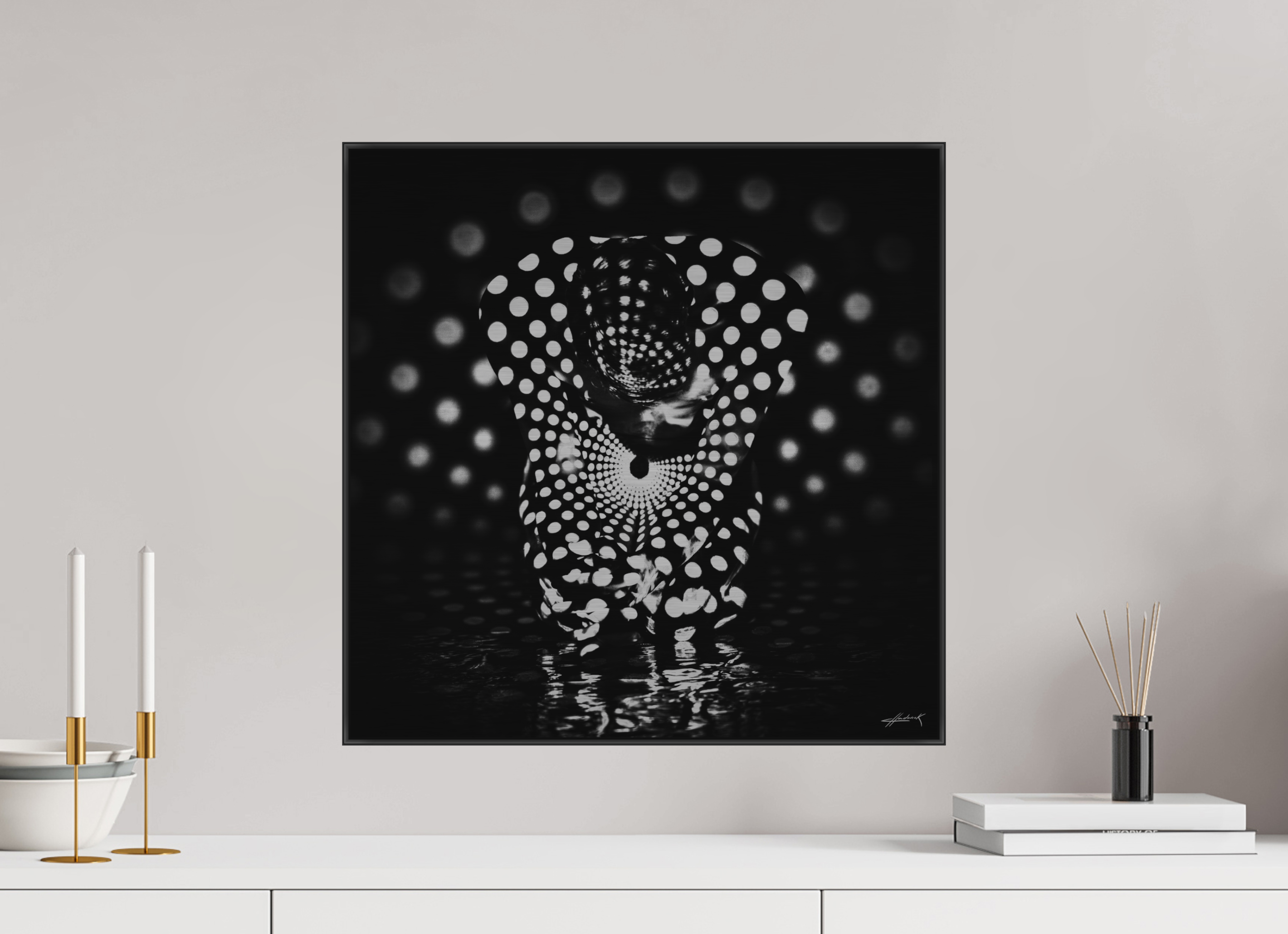 20 x 20″, 1" Black Alum ArtBox Frame on Silver Brush Aluminum 2.1 Double Exposure