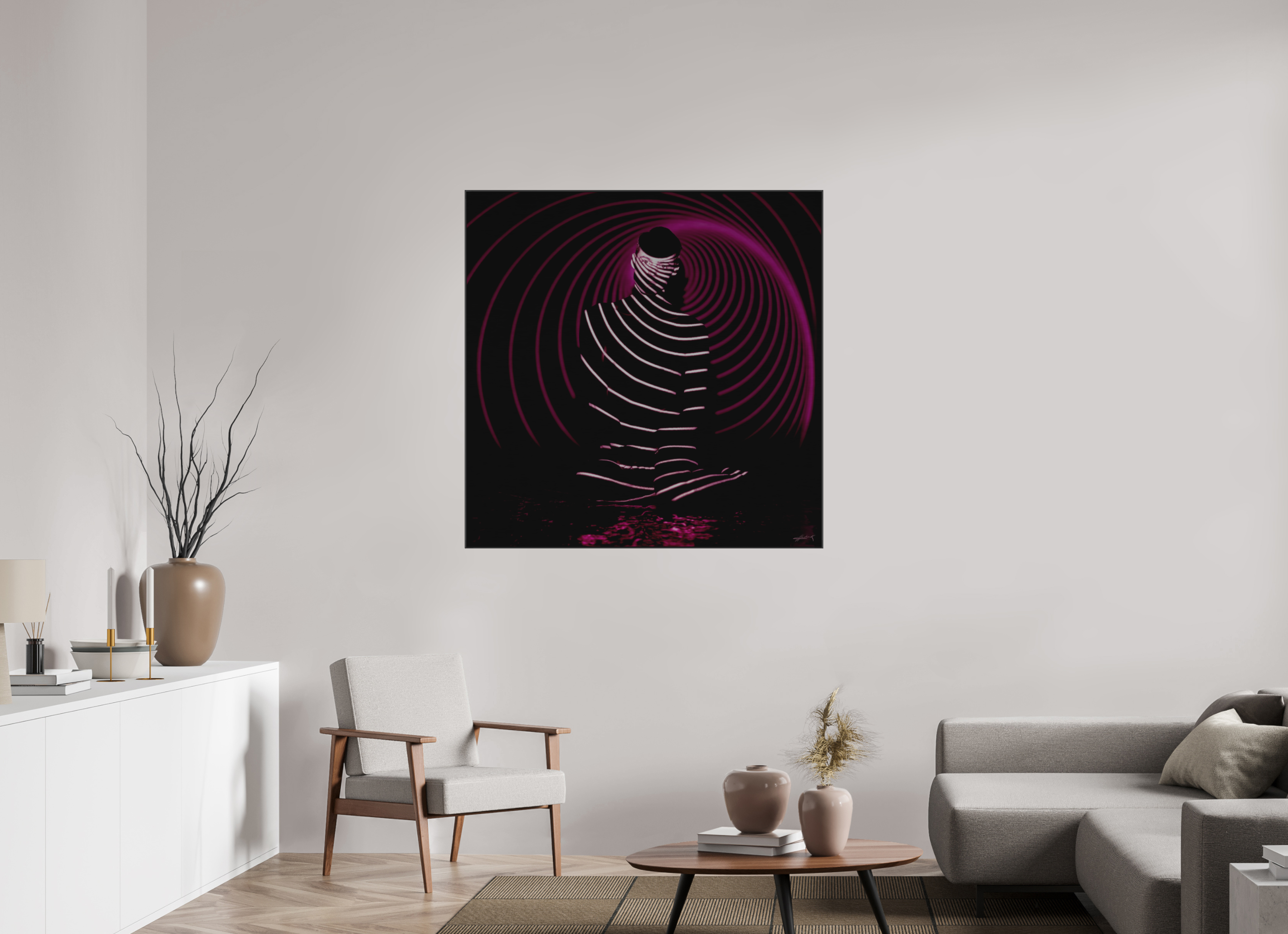 45 x 45″, 1" Black Alum ArtBox Frame on Silver Brush Aluminum 2.6 Double Exposure Photograph