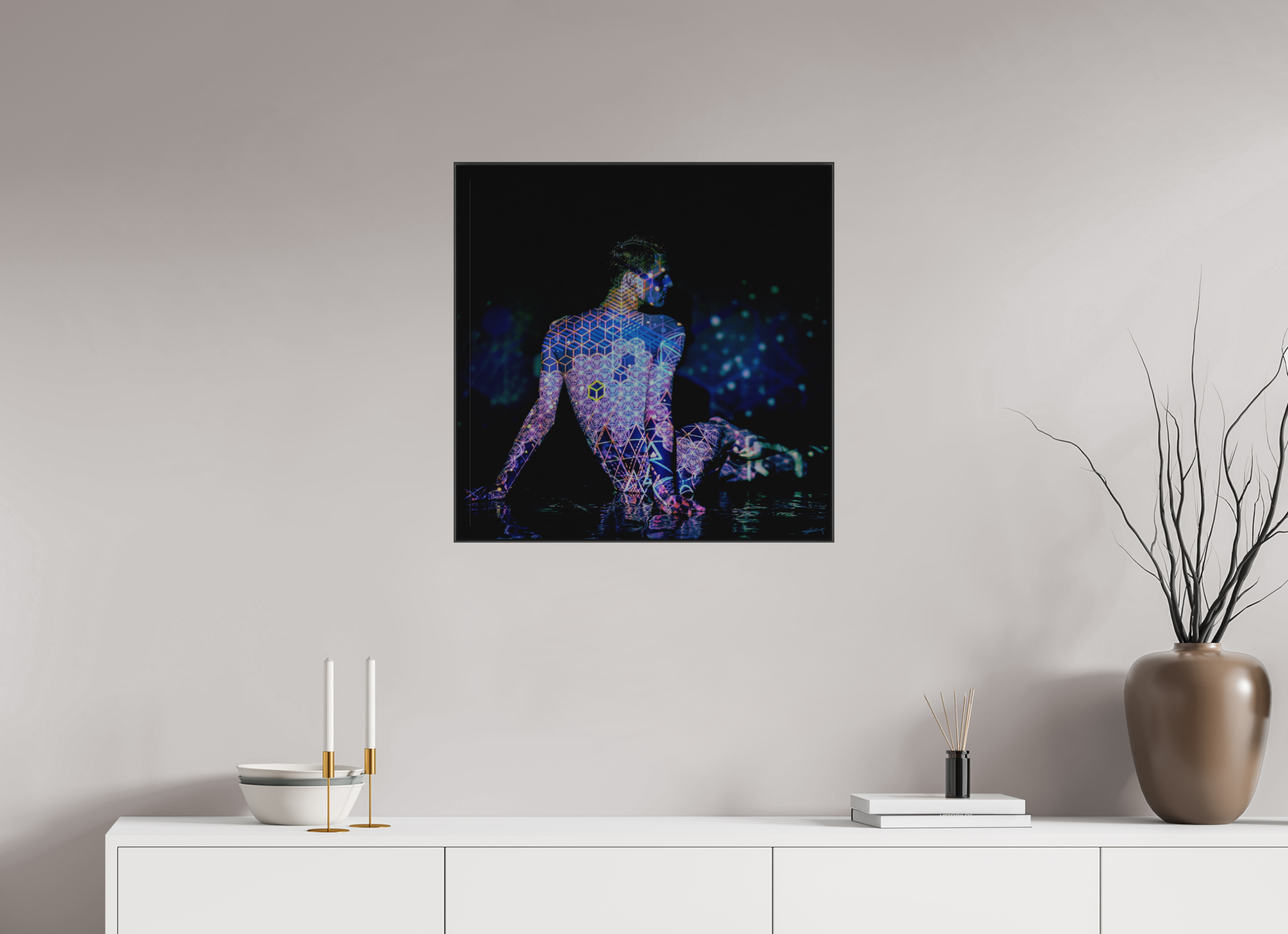 25 x 25″, 1" Black Alum ArtBox Frame on Silver Brush Aluminum 2.5 Double Exposure Photograph