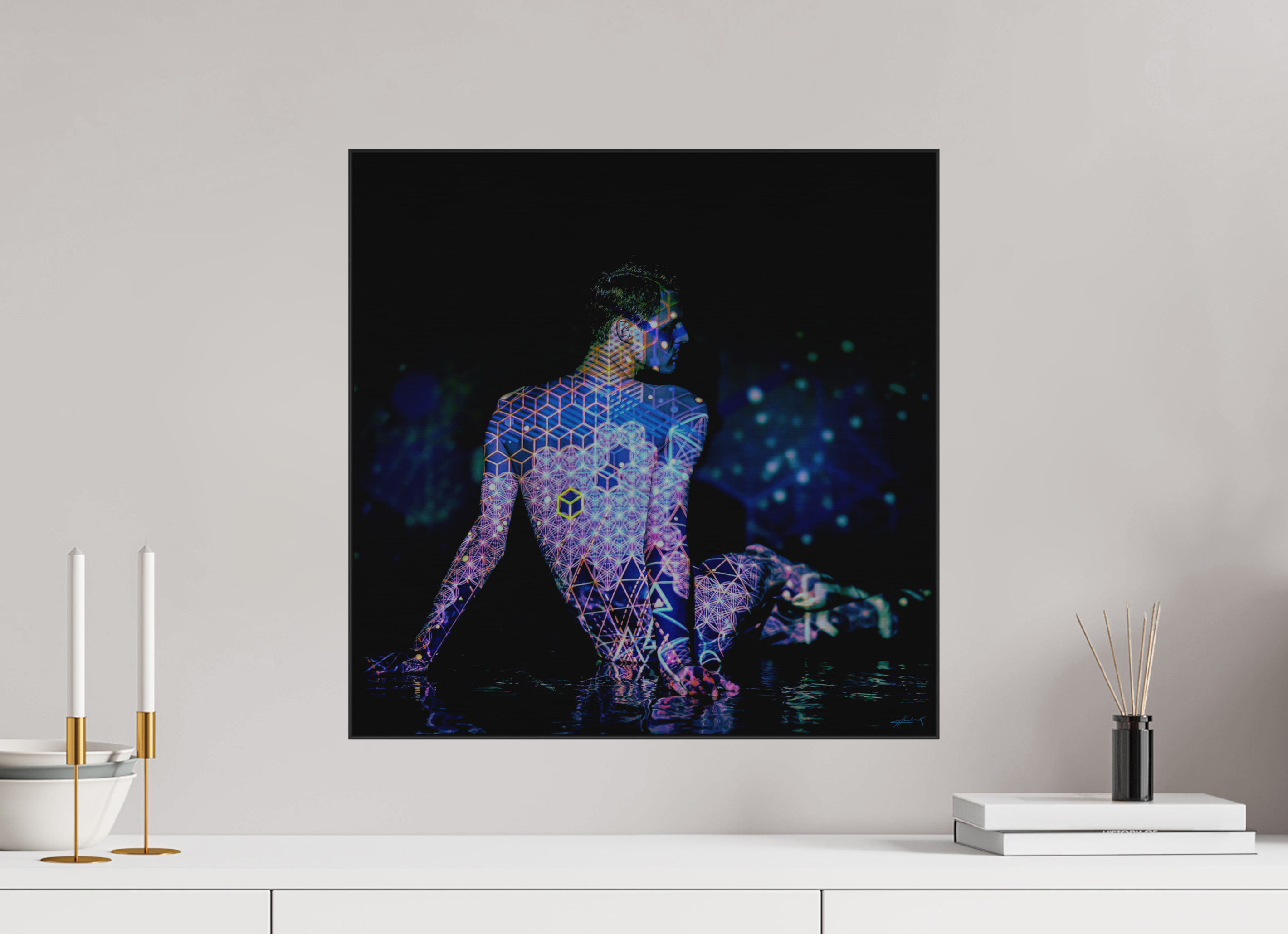 20 x 20″, 0.39" Black Alum ArtBox Frame on Silver Brush Aluminum 2.5 Double Exposure Photograph