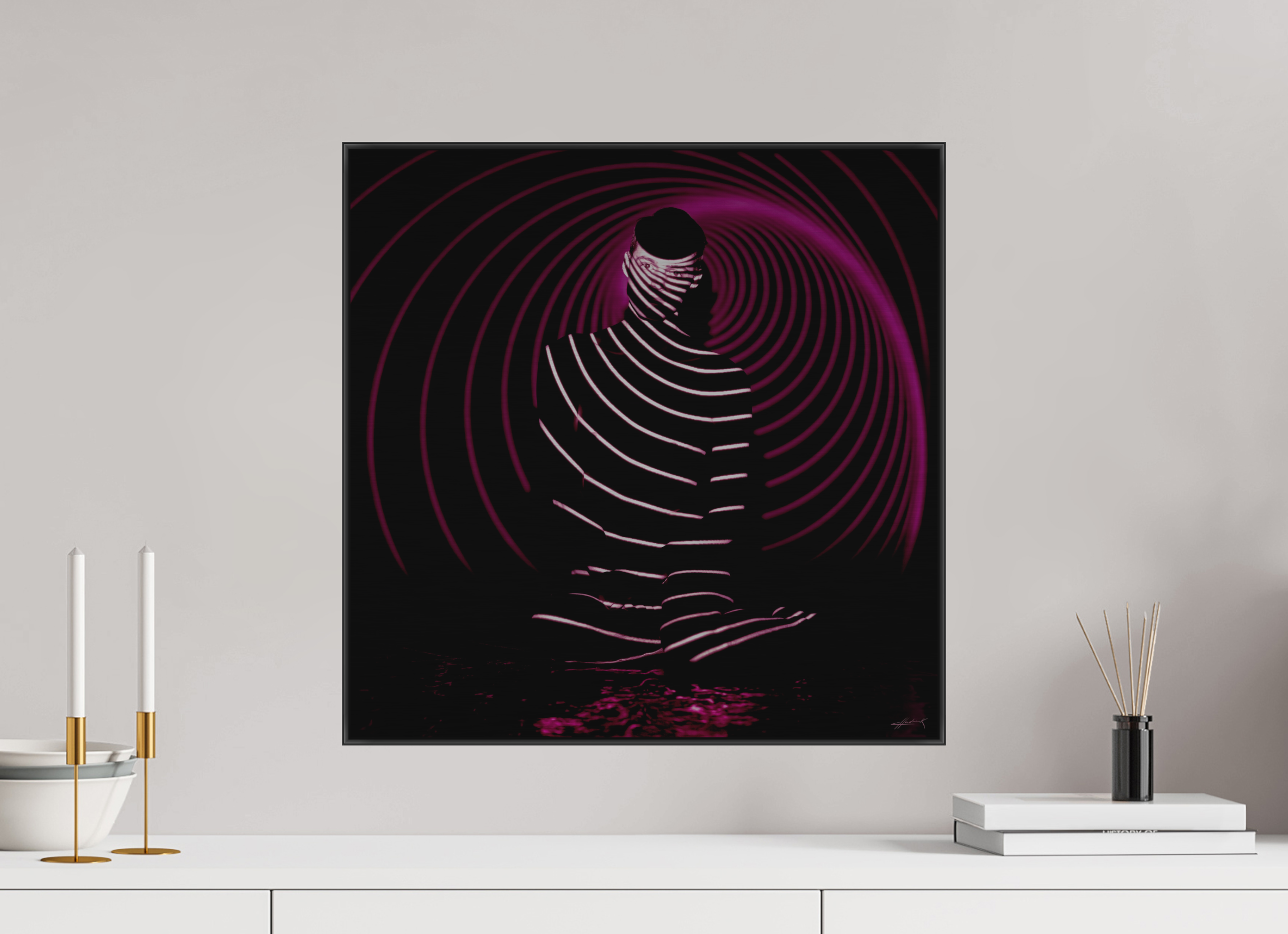 20 x 20″, 1" Black Alum ArtBox Frame on Silver Brush Aluminum 2.6 Double Exposure Photograph